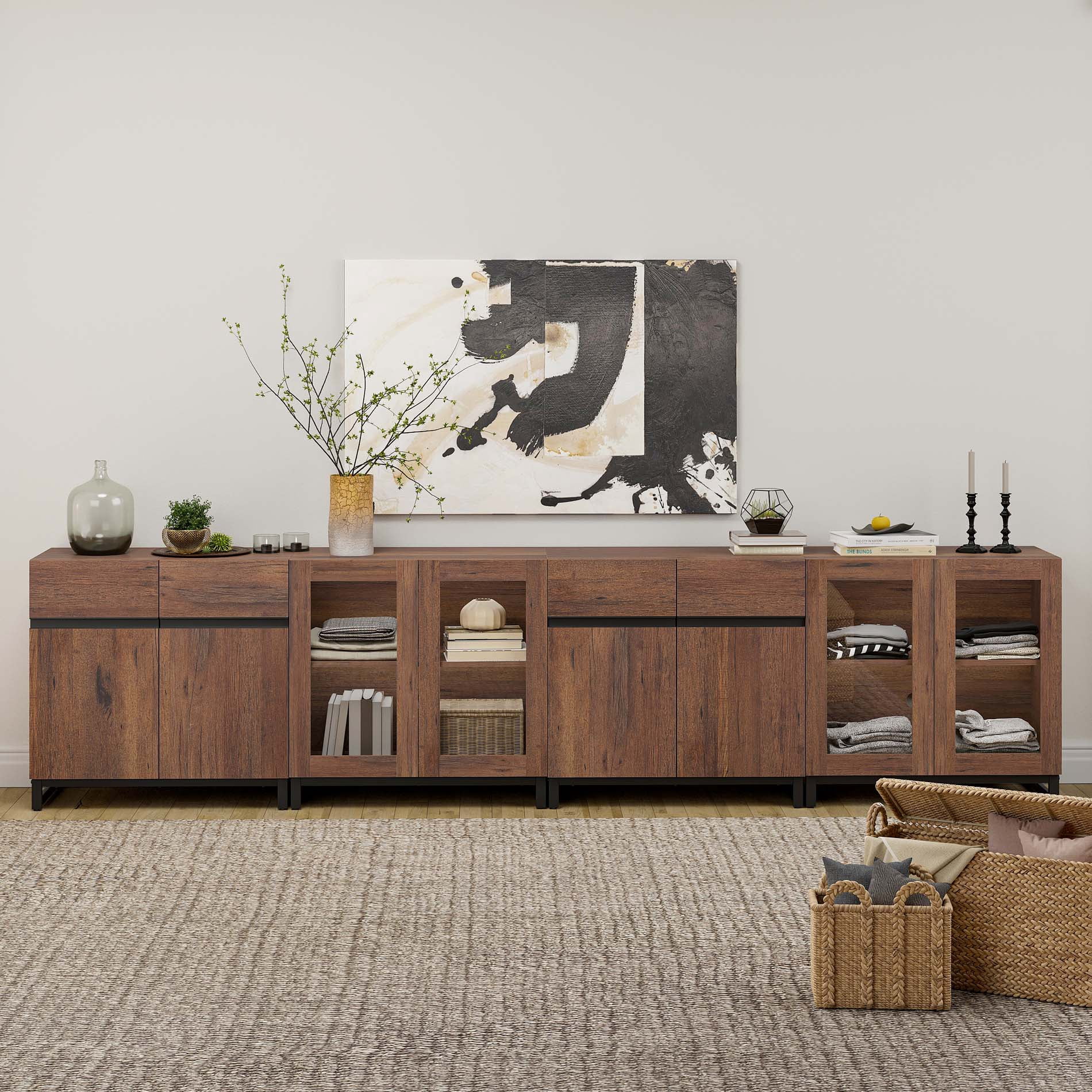 Home Bedroom Storage Cabinet, 4 In 1 Chest with Glass Doors and Adjustable Shelves, Modern Modular Closet Organizer Furniture,Brown