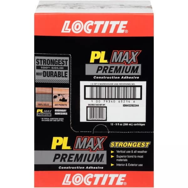 Loctite PL Premium Max Construction Adhesive, Versatile Construction Glue for Wood, Concrete, Stone & More - 9 fl oz Cartridge, Pack of 12