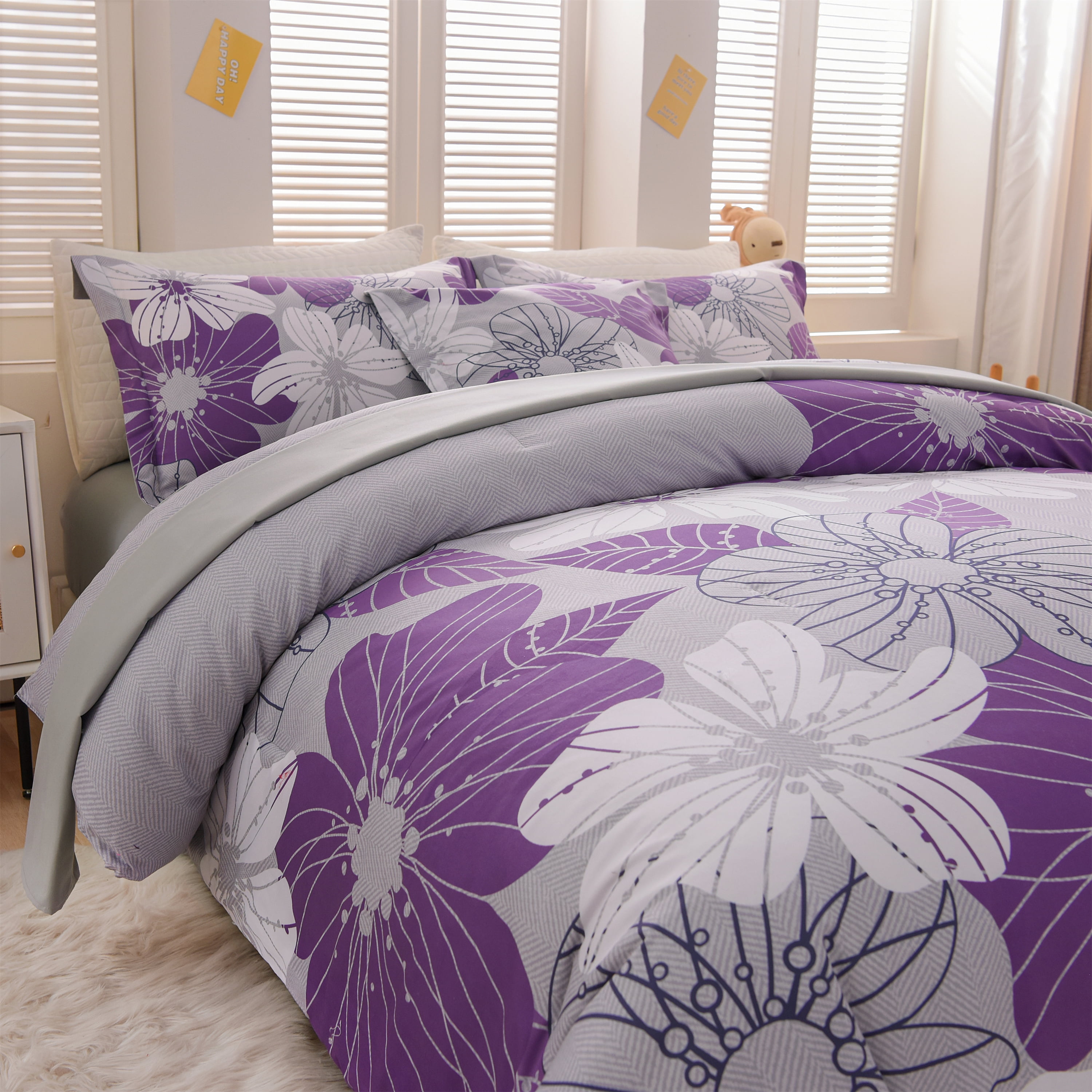 Btargot 6PCS Purple Floral Comforter Sets King Flower Bedding Set Adult Botanical Boho Bed-in-a-Bag