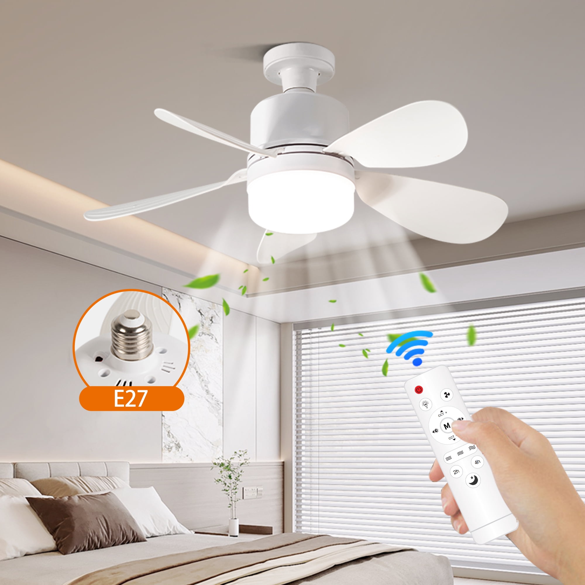 Ceiling Fan with Light, 20.5” Socket Fan Light with Remote,5 Blades E27 Base LED Bulb Dimmable for Bedroom Kitchen Garage,White