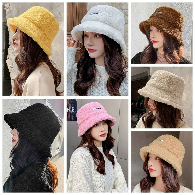 Taicanon 1 PCS Warm Lamb Hair Hat, Lamb Wool Thickened Embroidery Warm  Fisherman Hat, Womens Stylish Bucket Cap Soft Hat (Black)