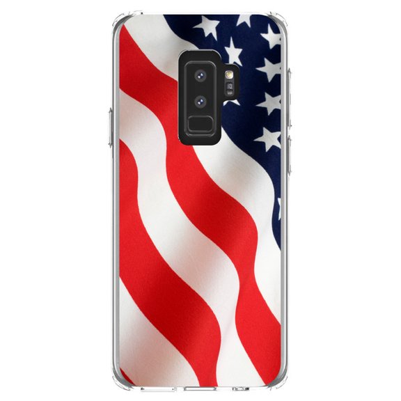 DistinctInk Clear Shockproof Hybrid Case for Samsung Galaxy S9  PLUS (6.2" Screen) - TPU Bumper, Acrylic Back, Tempered Glass Screen Protector - Red White Blue United States Flag USA - America