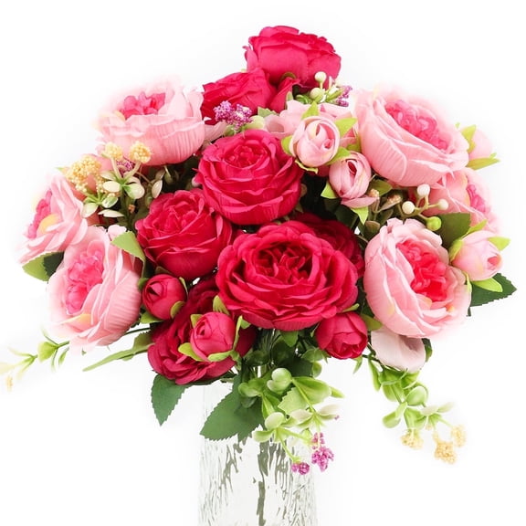 4 Bundle Artificial Peony Flowers Silk Bouquet - Rose Red and Pink Fake Peonies for Wedding,Home,and Party Decor