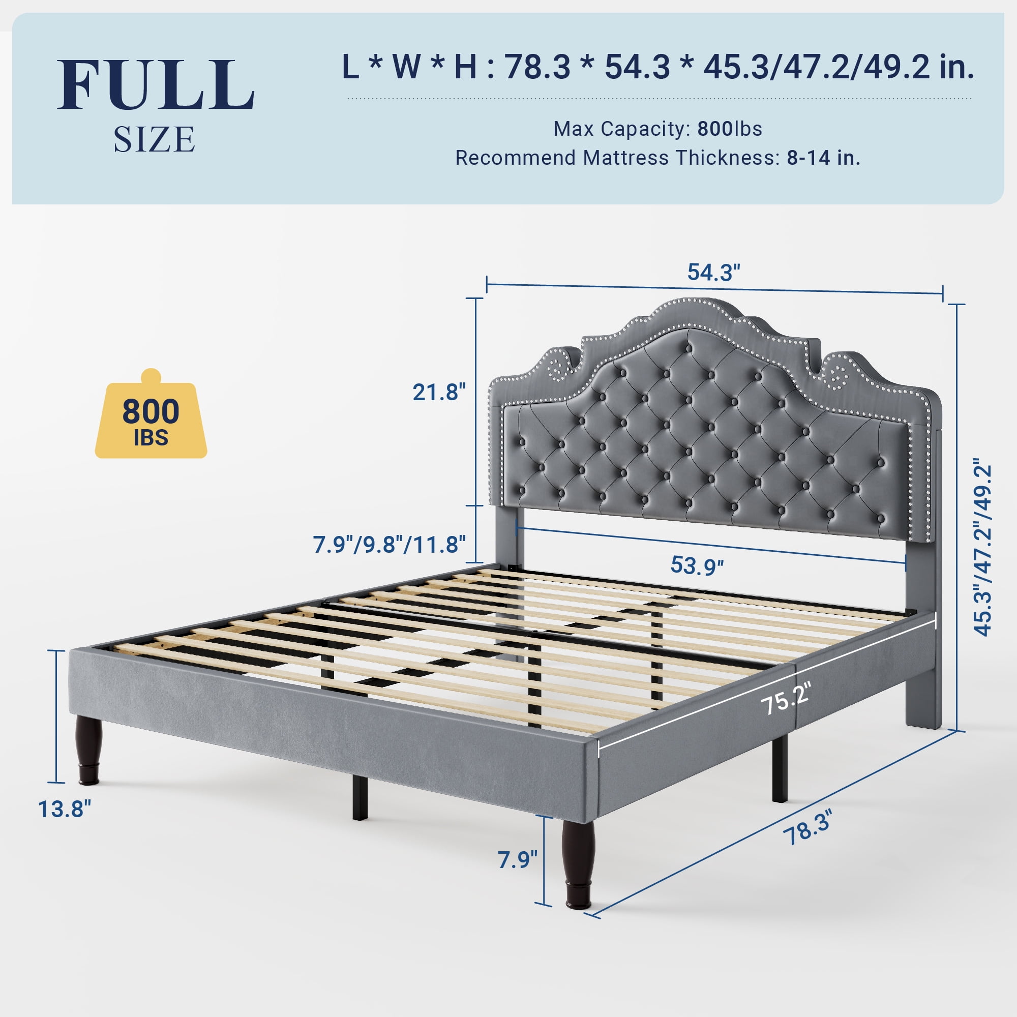 Allewie Full Bed Frame, Velvet Tiara Upholstered Diamond Button Tufted Headboard, No Box Spring Needed, Gray