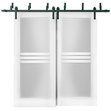 Sliding Closet Opaque Glass 4 Lites Barn Bypass Doors 48 x 84 inches / Mela 7222 White Silk / Modern 6.6ft Rails Hardware Set / Wood Solid Bedroom Wardrobe Doors