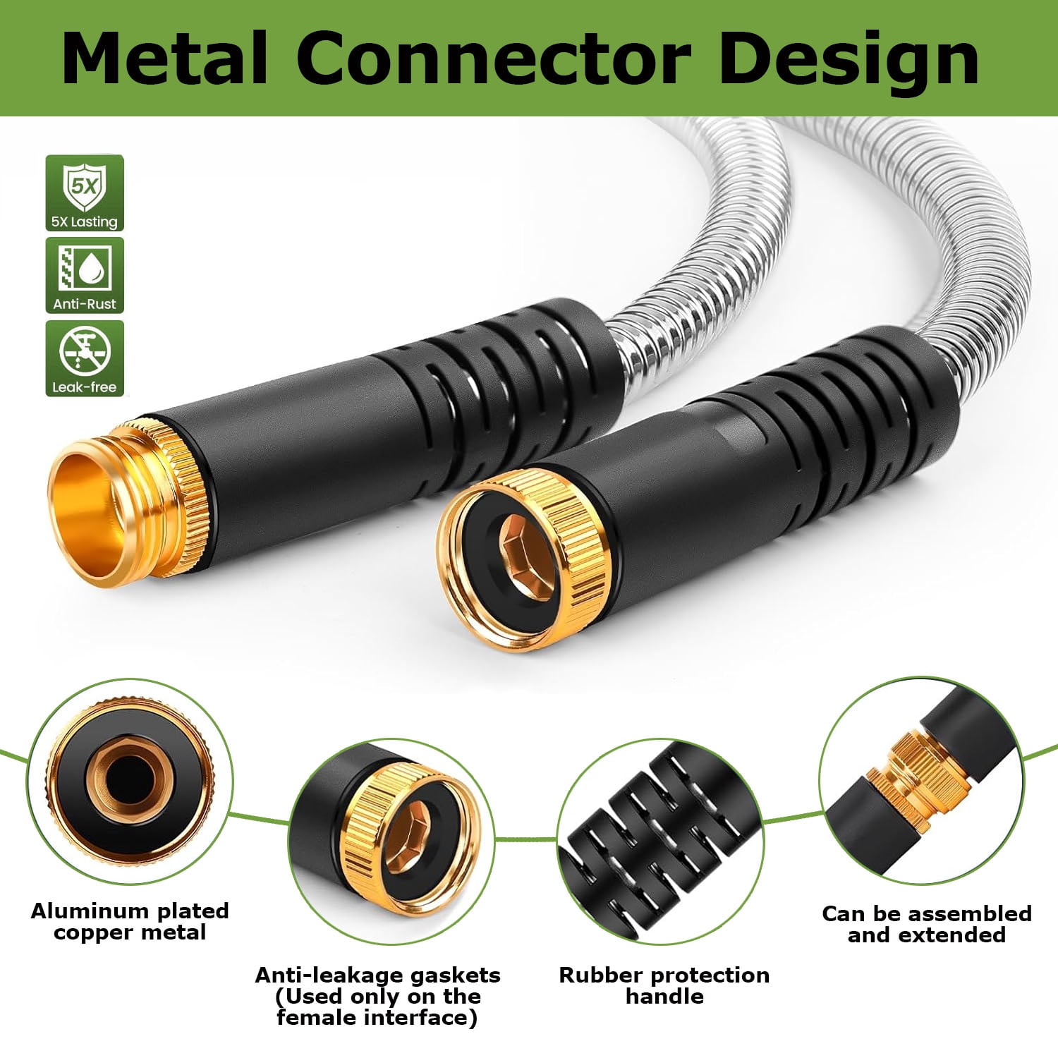 Kisportee Garden Hose 50ft, Heavy Duty Stainless Steel Water Hose with 10 Functional Nozzles, No Kink, Lightweight & Flexible, Easy to Use & Store, Strong and Sturdy, Suitable for Yard, Lawn
