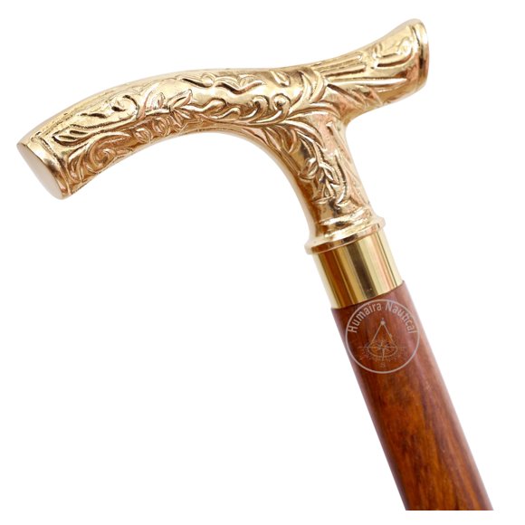 Bâton de Marche - Canne de Derby en Bois pour Hommes et Femmes 37 Pouces Laiton Ébène Brun Poignée en Forme de T Ton Doré Bois Naturel Unisexe