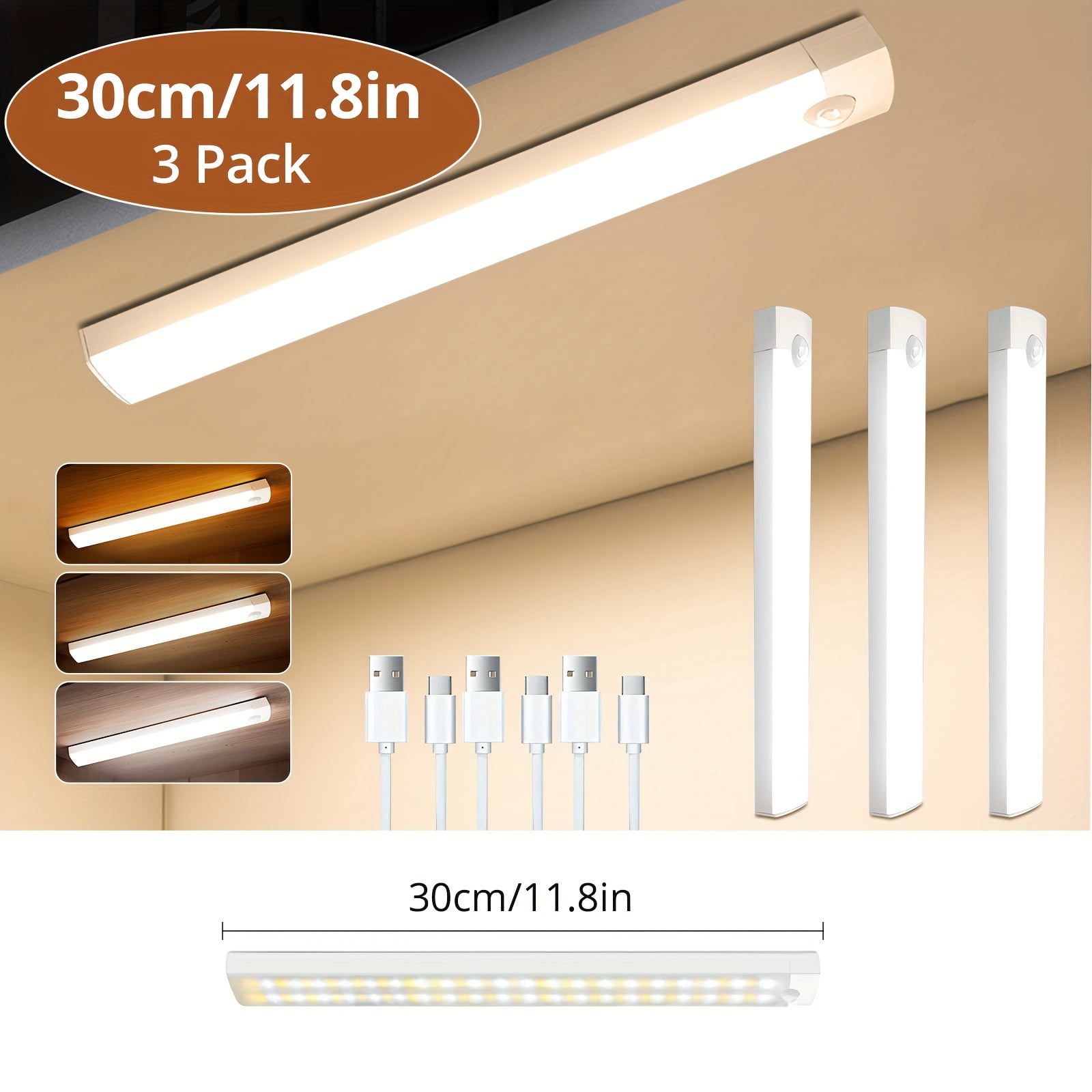3Pack Dimmable Motion Sensor Cabinet Light - Wireless Magnetic USB Rechargeable, 3 Color Temps, Under Counter Lighting for Kitchen Closet Wardrobe Hallway Stairs