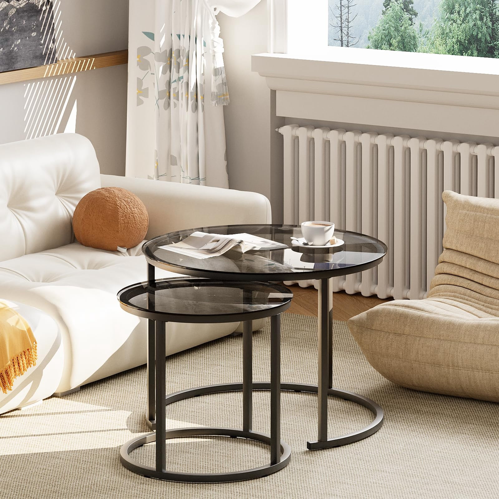 Nesting Coffee Table Grey Glass Table Set of 2, Small Round Glass Nesting Tables for Living Room Bedroom, Accent Tea Table with Metal Frame Modern Industrial Simple