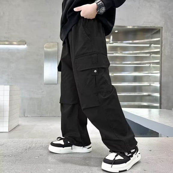ITSAME Cargo Pants for Boys, Multi-Pocket Loose Fit Elastic Waist Kids Casual Fashion Pants Black 9-10T