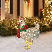 Christmas Light-Up Chicken with Scarf Holiday Decoration Outdoor Decor, Solar Powered with 50 Mini Lights, Rooster Animal Garden Stakes for Ground Lawn Outdoor Decor