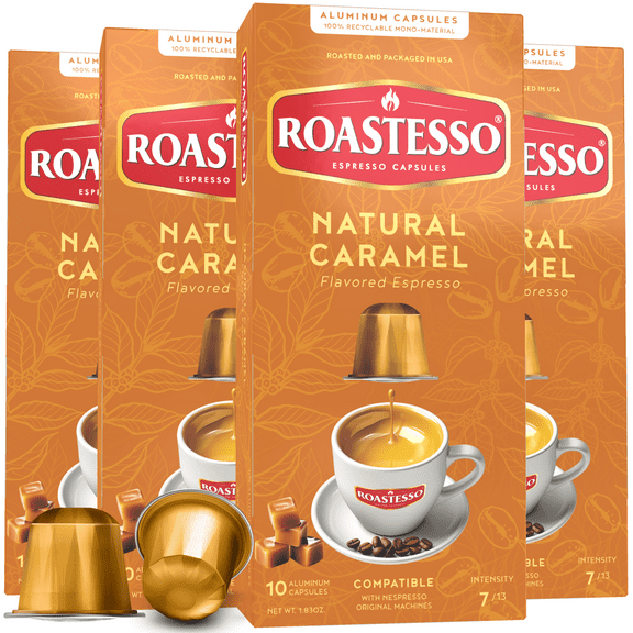 Roastesso Coffee Natural Caramel Flavored Nespresso Capsules Compatible OriginalLine Espresso Pods, Intensity 7 (40 Count)