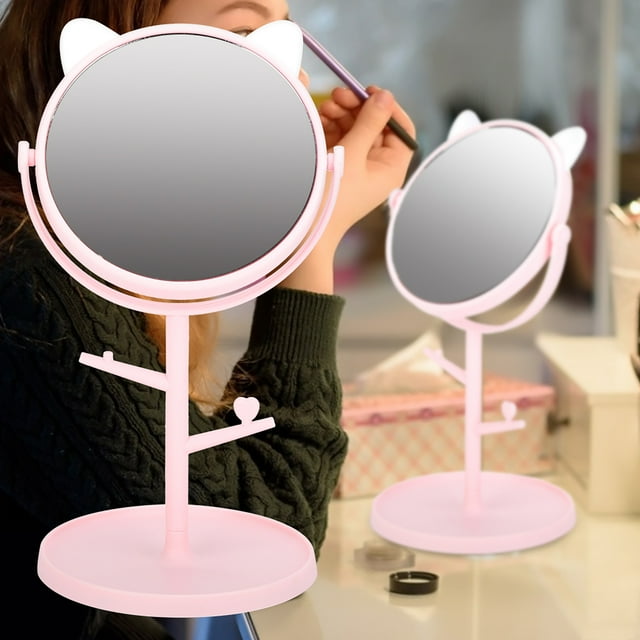 Cute Rotatable Makeup Mirror, Tabletop Vanity Mirror, For Girls Women Cat Ear Pink