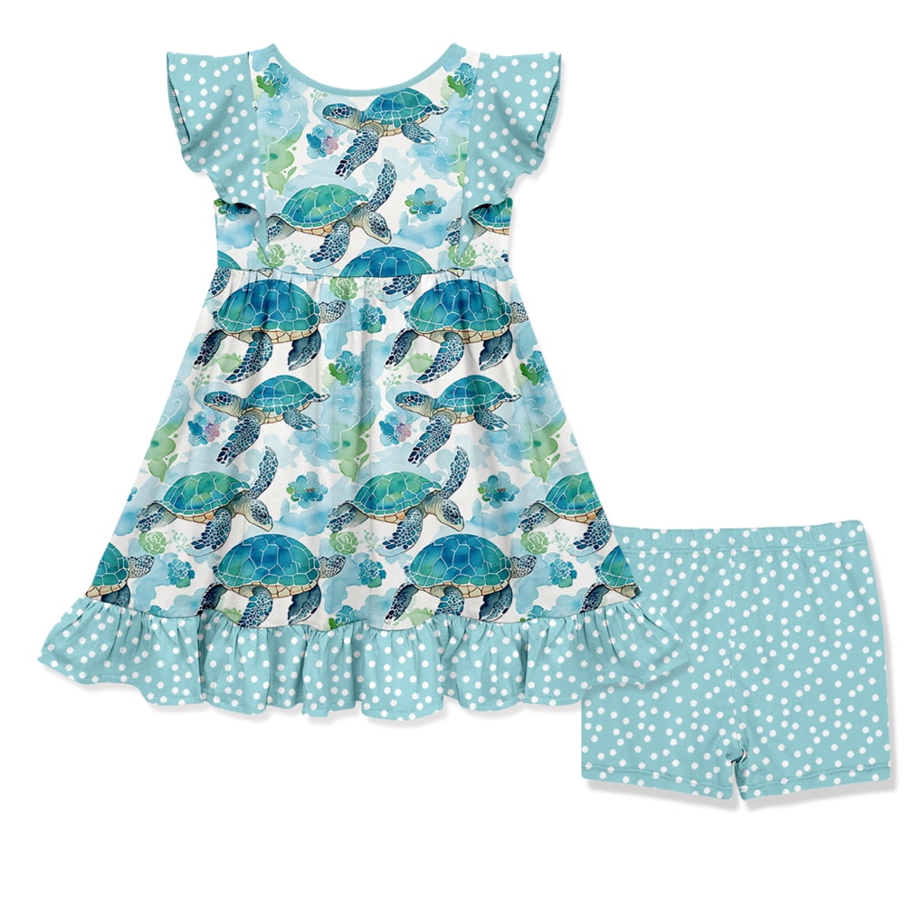 Millie Loves Lily Girls Mint Turtle Angel Sleeve Dress & Short Set,Big Girls,Size 8