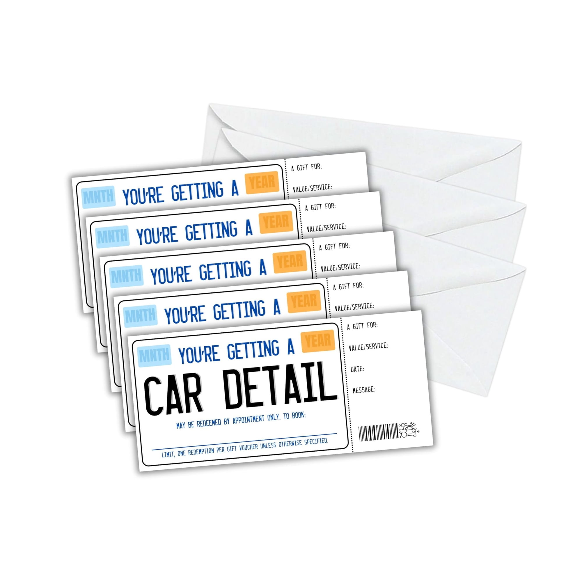 Car Detail Gift Certificate License Plate Themed 30pk 3.75x8.25 You are Getting Your Vehicle Detailed Present Truck Lover with Envelopes