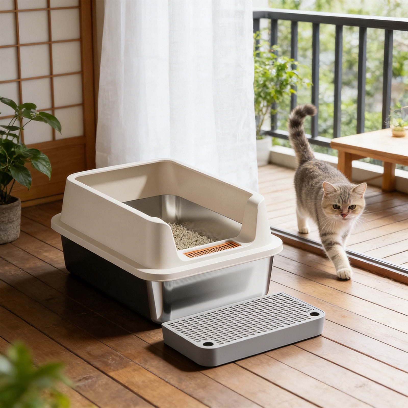 Stainless Steel High Sided Litter Box, Large Open Top Cat Litter Pan with Step Platform, Odor Resistant & Easy Clean, Non-Slip Kitty Tray with Scoop for Small & Large Cats