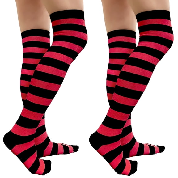 COUVER Women Striped Over Knee Stockings, Black Hot Pink, 2 Pairs