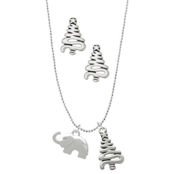 Delight Jewelry Silvertone Elephant with Crystal Eyes Silver tone Zig Zag Christmas Tree Charm Necklace and Stud Earrings