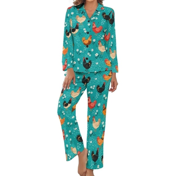 SKQIT Retro Chicken Floral Women's Long-Sleeve Shirt And Full-Length Bottom Pajama Set
