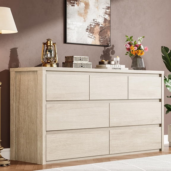 Danolapsi Farmhouse 7 Dresser for Bedroom, Wooden Drawer Dresser,Handle-Free Storage Cabinet with Drawers for Bedroom, Living Room & Hallway, with Anti-Tip Safety