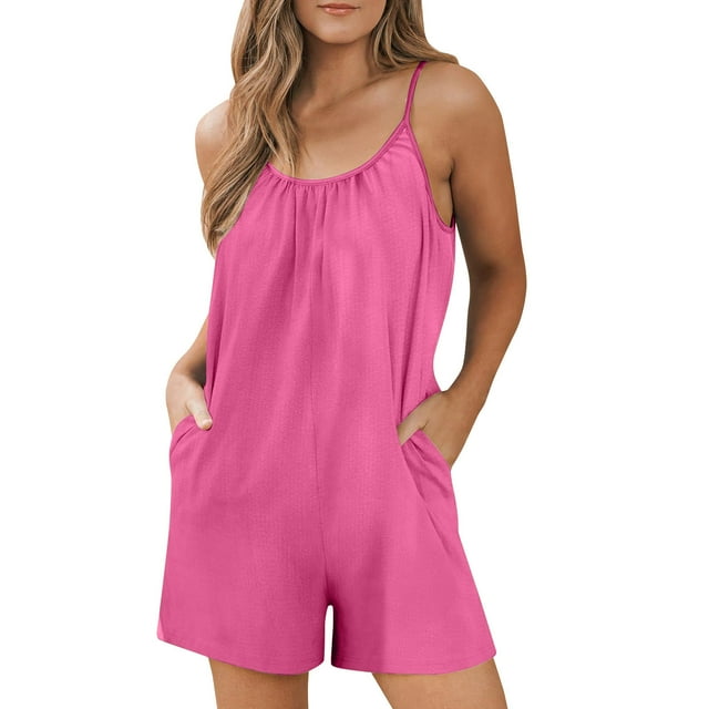 AherBiu Wide Leg Short Jumpsuits for Women Sleeveless Spaghetti Strap Summer Boho Rompers with Pockets