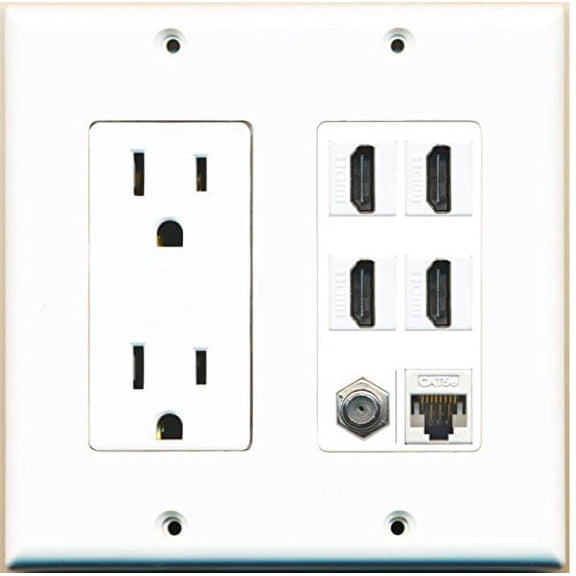 RiteAV 15A Power Outlet 4 Port HDMI 1 x Cat5e Ethernet Coax Cable TV Wall Plate