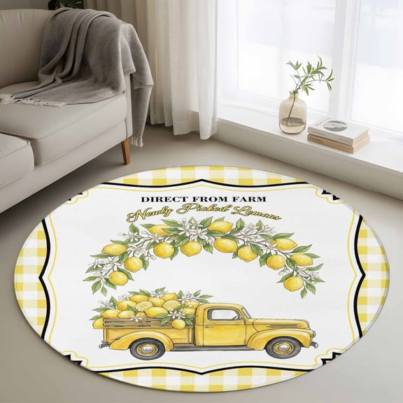 Summer Lemon Round Area Rug 3.3Ft Washable Circle Rugs for Dining Room Table, Yellow Truck Fruits Plants Country Plaid Non-Slip Carpet Floor Mats Indoor Outdoor Carpet Runner Aesthetic Home Decor
