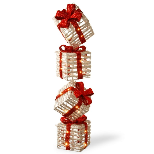 33" White Plastic Rattan Giftbox Tower with 35 Micro Warm White Battery Operated LED Lights