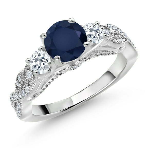 Gem Stone King 925 Sterling Silver Blue Sapphire White Topaz and White Moissanite Engagement Ring for Women (1.65 Cttw, Gemstone September Birthstone, Round 6MM and 3MM, Size 5)