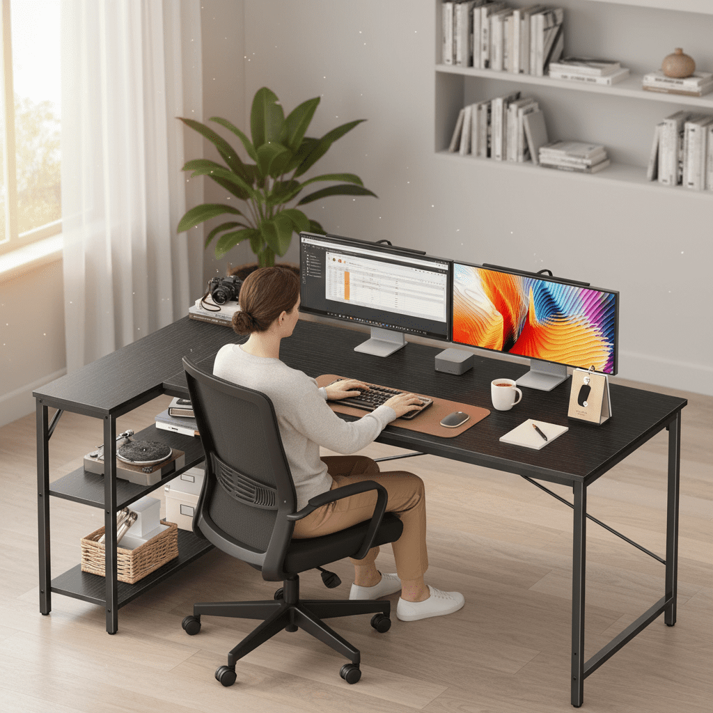 CONCETTA 47 inch L Shaped Desk with Reversible Storage Shelves, 154 lbs Capacity Computer Corner Desk for Home Office, Gaming & Writing, Black