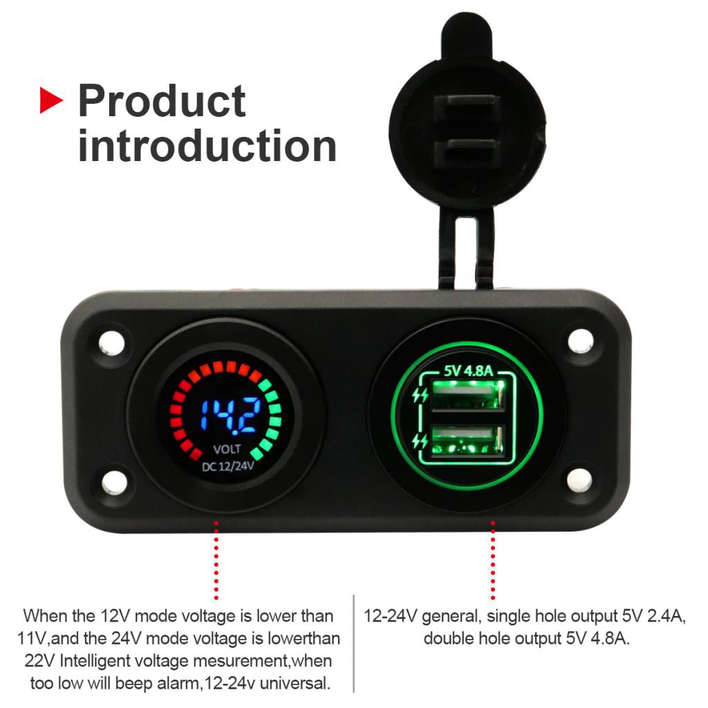 Voltage Meter Dual USB Red Charger panel Green Socket 4.13" For DC12-24V Vehicle