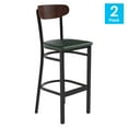 thumbnail image 5 of BizChair Set of 2 Commercial Barstools with 500 LB. Capacity Black Steel Frame, Walnut Finish Wooden Boomerang Back, and Green Vinyl Seat, 5 of 13