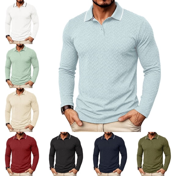 Zivyakyro Collared Mens Polos Button Fall Casual Long Sleeve Loose Shirt Textured Breathable Jacquard Green 3XL