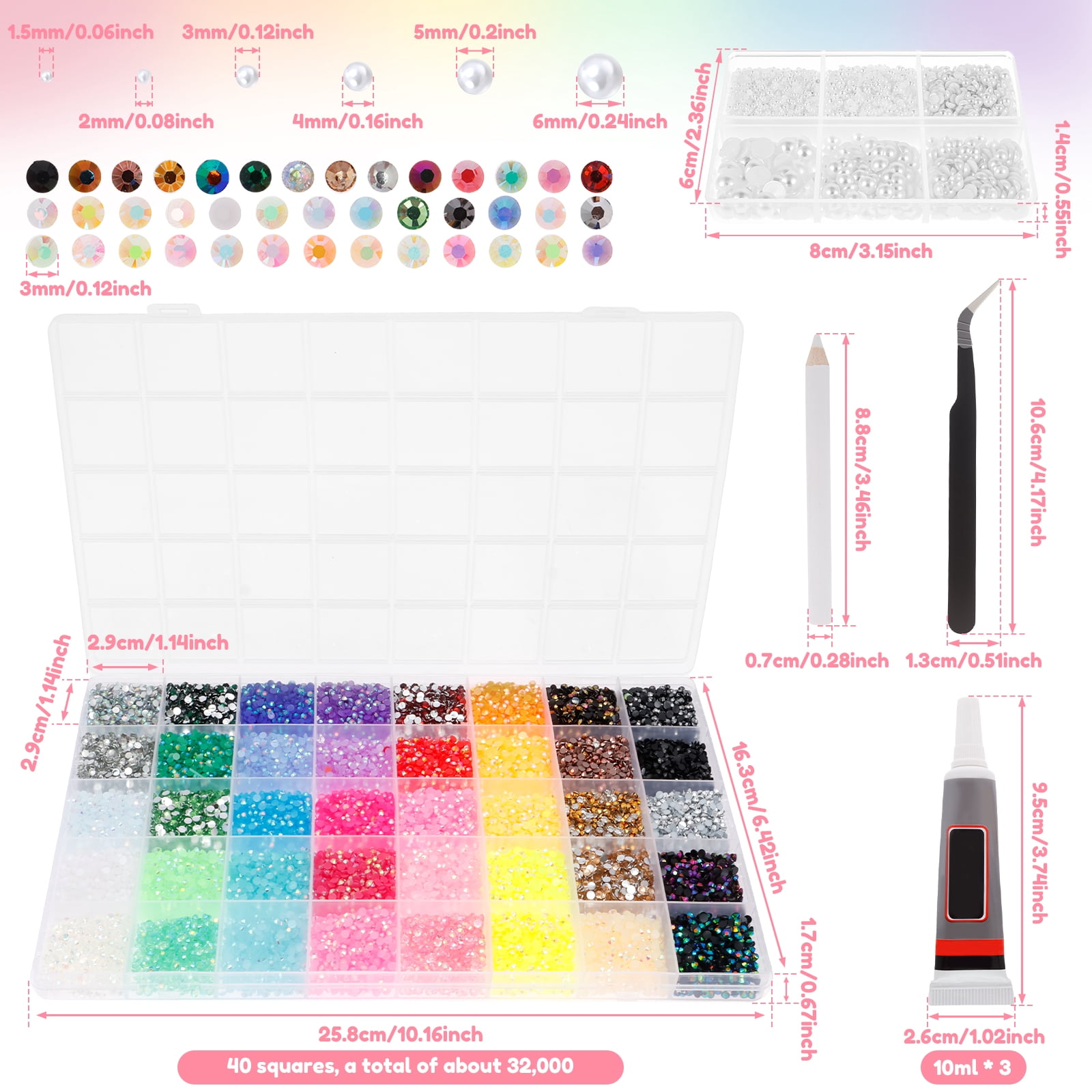 40 Colors Bedazzling Kit 3mm 32000 Jelly Rhinestone and 3600 White Half Round Pearl Bedazzle Kit for Decorating Shoe Clothes Nail Art