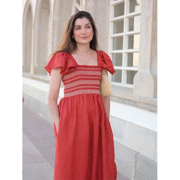 Elegant Square Neck Pleated Print Maxi Dress Women Chic Ruffle Fly Sleeve Pocket Split Loose Vestidos Fashion Lady Street Robes Summer