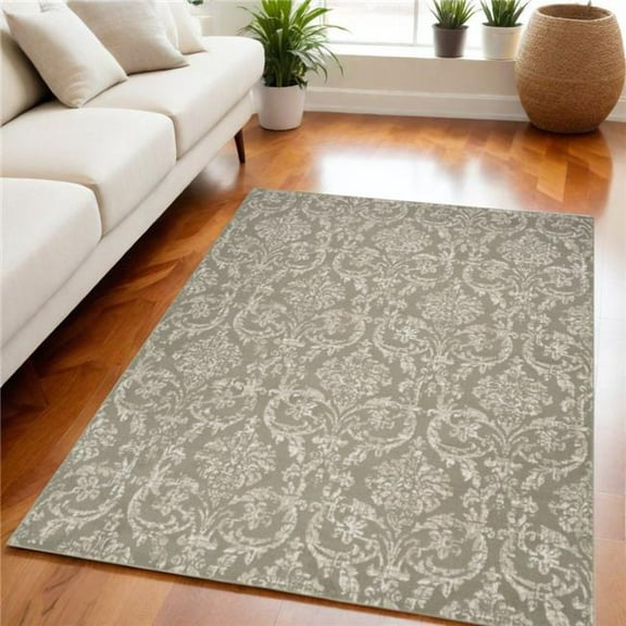 HomeRoots 550137 5 x 7 ft. Damask Distressed Non Skid Rectangle Area Rug, Olive Green & Ivory