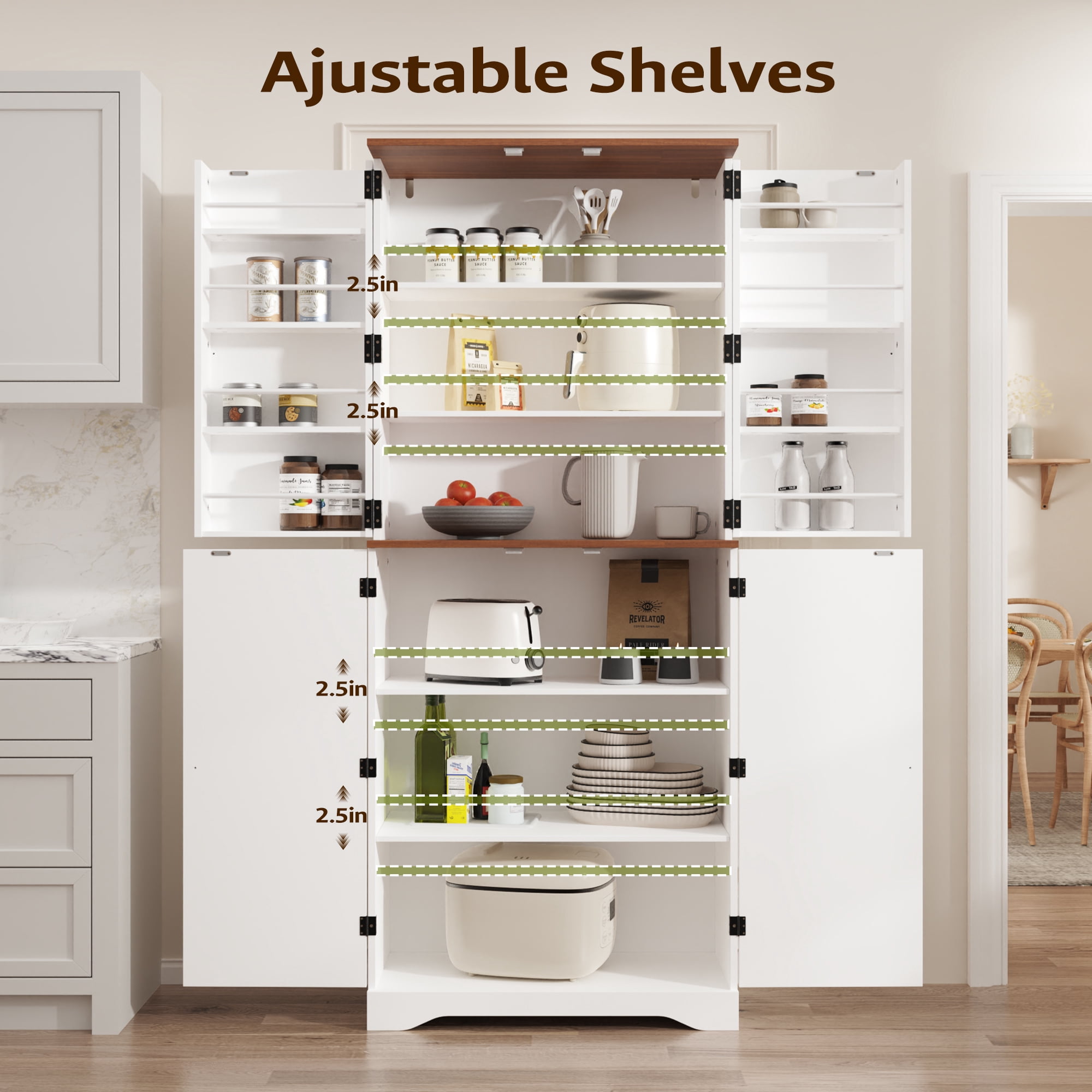 Farmhouse Pantry Storage Cabinet, 72" Tall Kitchen Pantry with Doors Organizer, Freestanding Cupboard with Adjustable Shelves, Rustic Buffet Cabinet for Kitchen, Dining Room, Bathroom, White