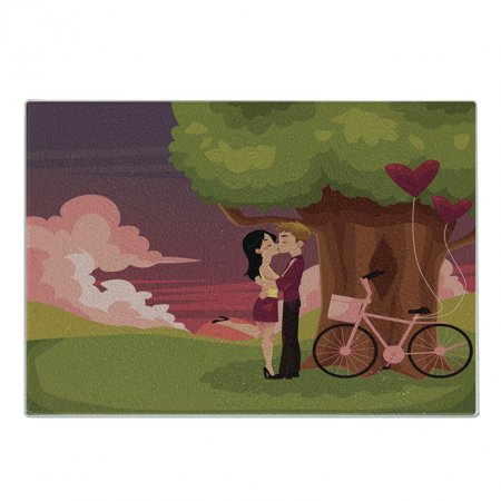 

Kissing Cutting Board Doodle of Young Couple Date Under Tree with Bike and Heart Balloons Decorative Tempered Glass Cutting and Serving Board in 3 Sizes by Ambesonne