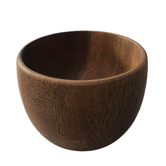 tazón de madera 1pc tazones individuales para frutas y cereales ahuecados tazón de madera maciza tazón de arroz tazón de sopa tazón de madera vajilla 5x8cm/1.97x3.15inch Vista frontal centrada de tazón de madera maciza ahuecado con silueta redondeada; veta natural y acabado liso color caqui; tamaño compacto para porciones individuales, apto para arroz, sopa, frutas o cereales y uso en la mesa.