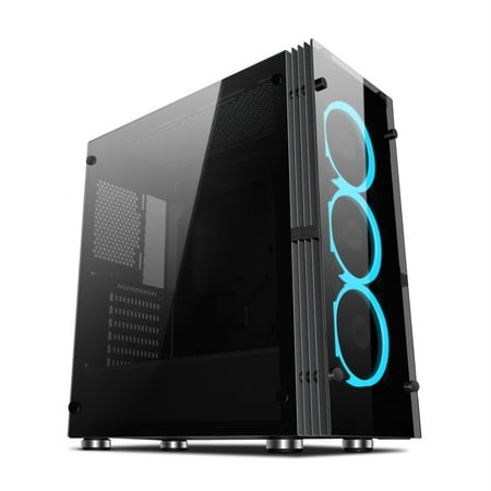 Aigo Atlantis ATX Mid-Tower Desktop Computer Gaming Case Tempered Glass Windows With 3pcs 120mm LED Ring Fans Ice Blue Ring Fans