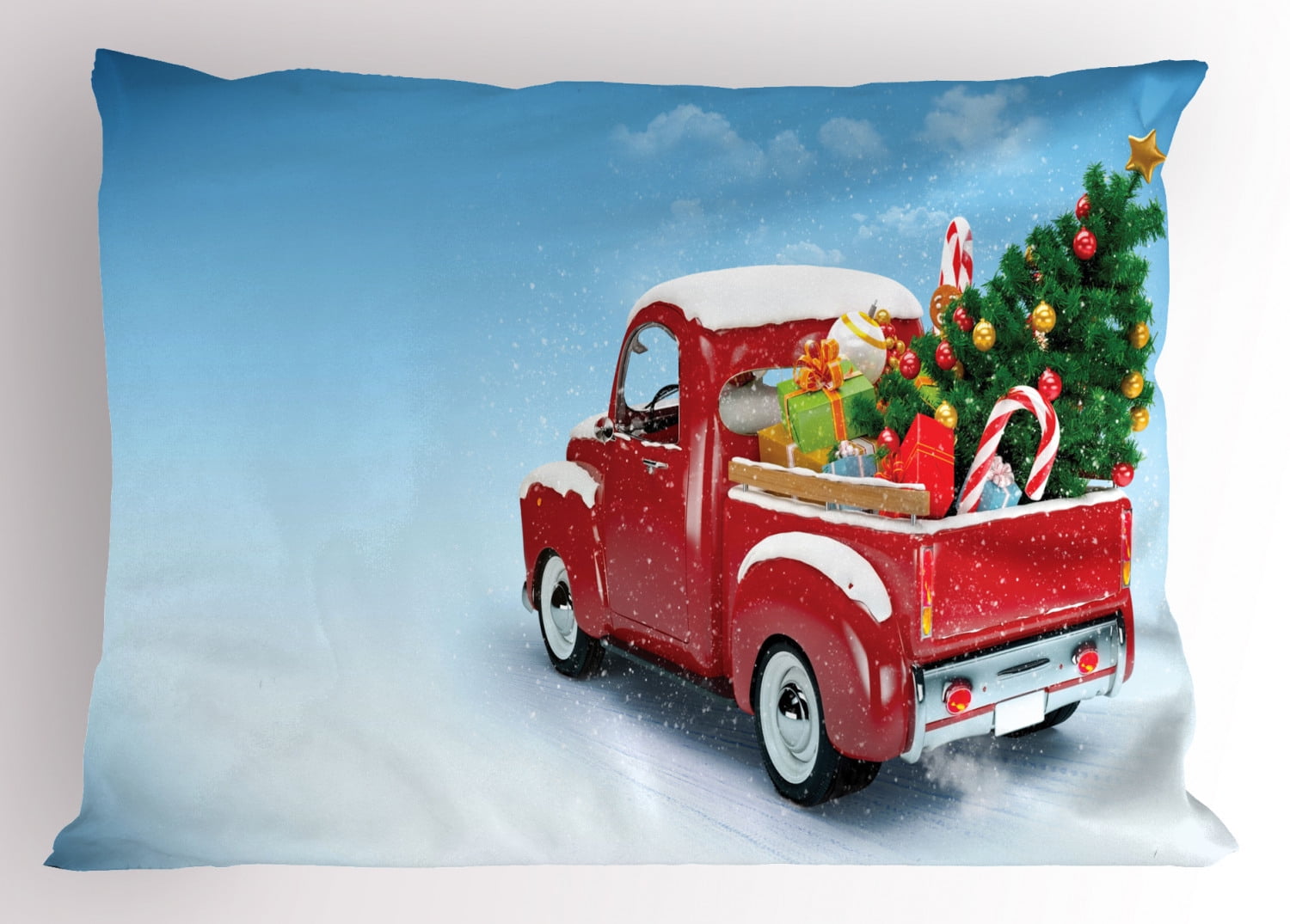 Christmas Pillow Sham Red Classical Pickup Truck with Tree Gifts and Ornaments Snowy Winter Day