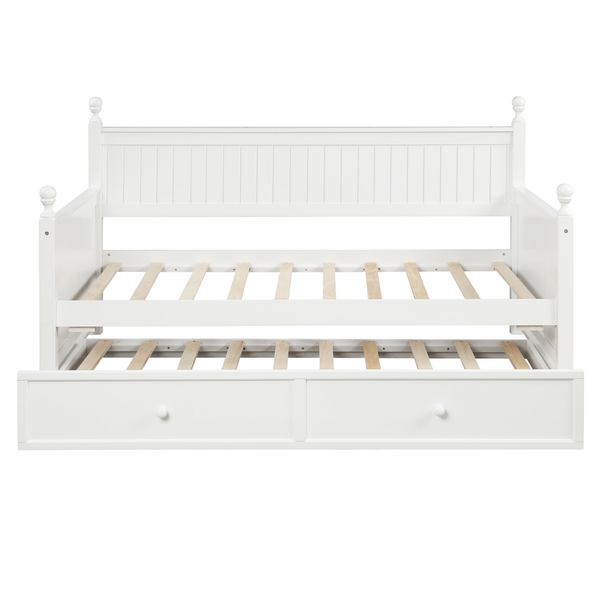 AENKYO Solid Pine Wood Twin Daybed with Trundle, 2-in-1 Convertible Sofa Bed for Guest Room/Kids Room, White