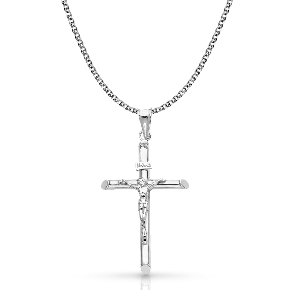 14K White Gold Crucifix Cross Pendant with 1.4mm Flat Open Wheat Chain