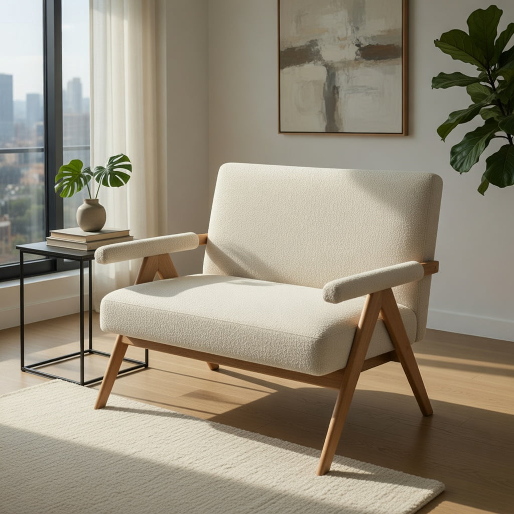 Hommoo Loveseat Sofa with Wooden Legs, Sherpa Fabric Upholstered 2-Seater Couch for Compact Living Room, Dorm & Office Sofa, Beige