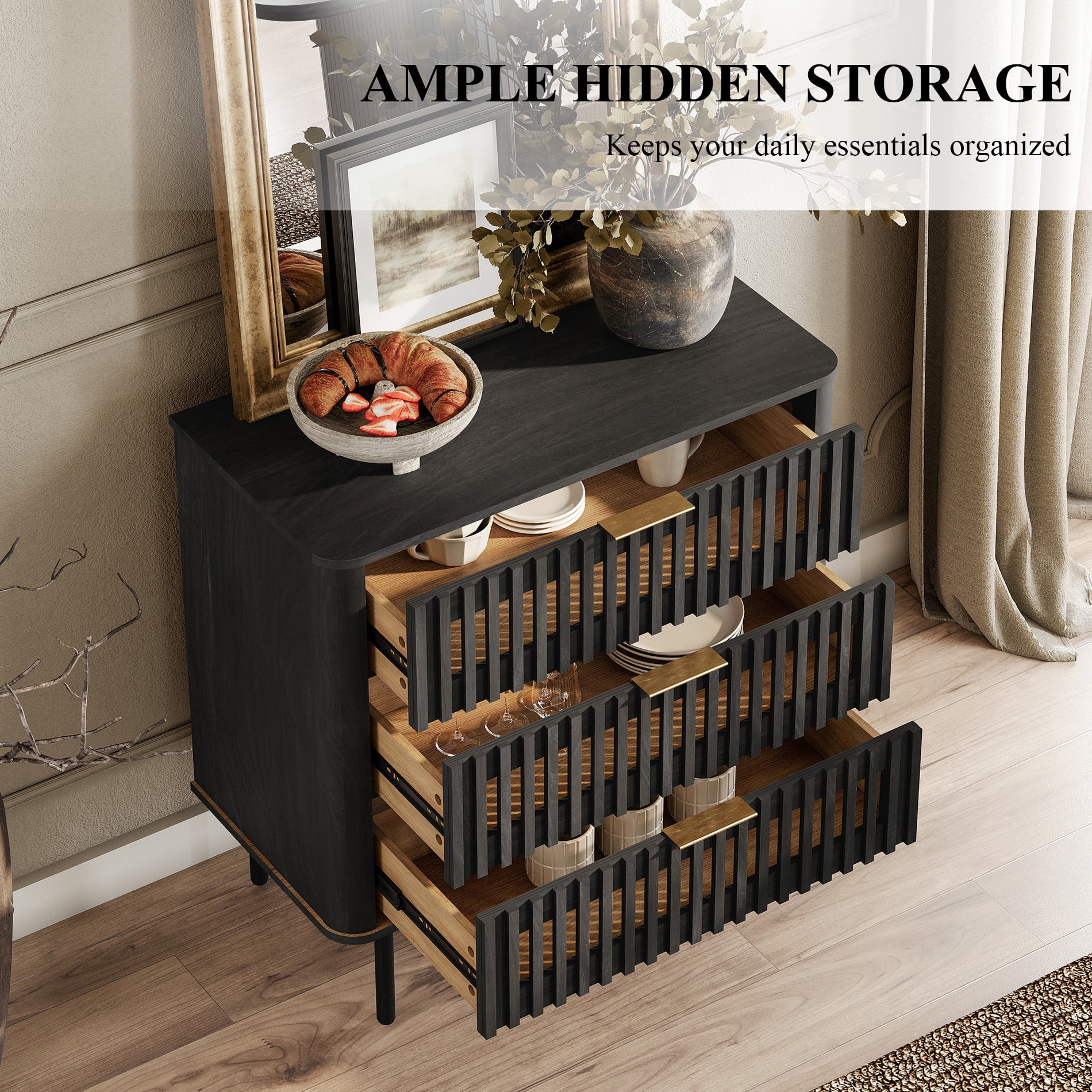 31.5"W Sideboard Buffet Cabinet with Storage, Fluted Kitchen Buffet Storage Cabinet with 3 Drawer, Large Coffee Bar Cabinet, Modern Buffet Table for Dining Living Room, Black