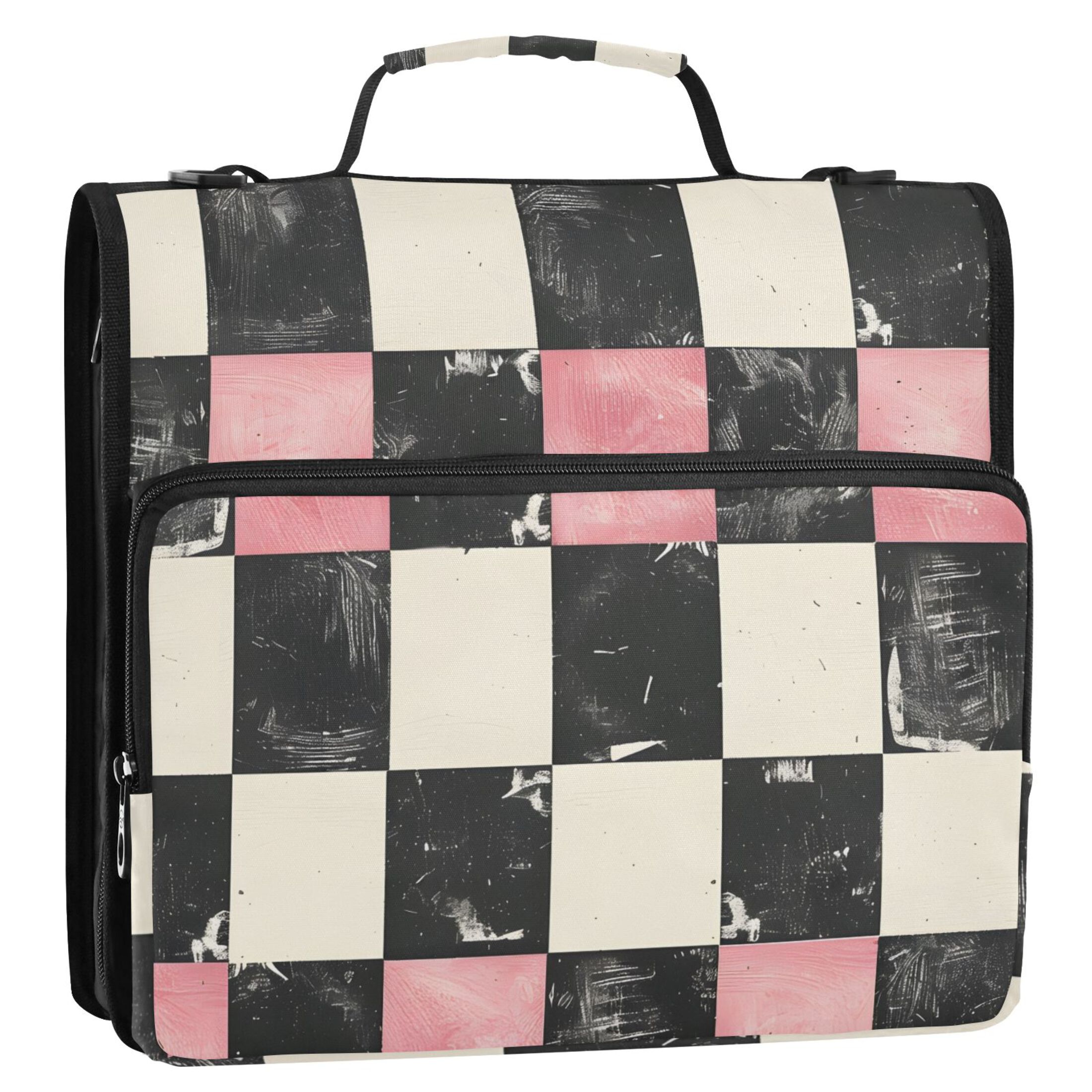 ALAZA Zipper Binder Pink and Black Checkered Pattern 3 Ring Trapper Keeper File Folder Organizer Bag