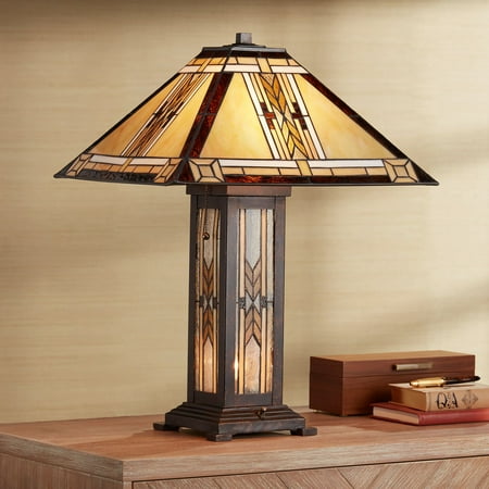 Stained Glass Mission Style Lamp Franklin Iron Works Tiffany Style Table Lamp with Nightlight Mission Bronze Stained Glass for Living Room Family Bedroom Bedside ()