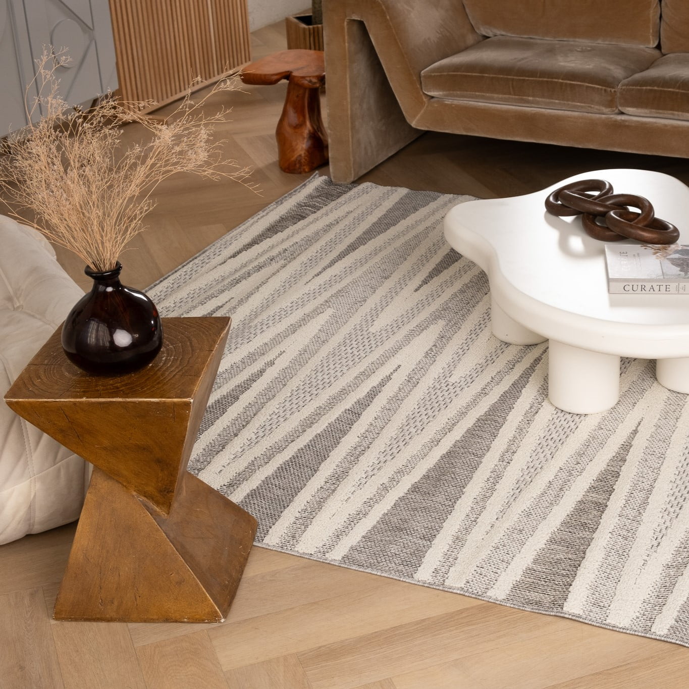 Tapis d'interieur exterieur abstrait Rug Branch Hogar, gris creme, moderne - Salon, chambre, salle a manger et cuisine<br>