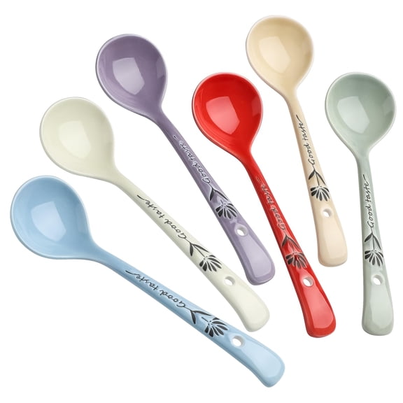 Dessert Spoons Ceramic Coffee Spoons Set of 6 Long Handle Stirring Spoons Korean Ceramic Spoon for Dessert, Coffee, Ice Cream, Cereal, Yogurt