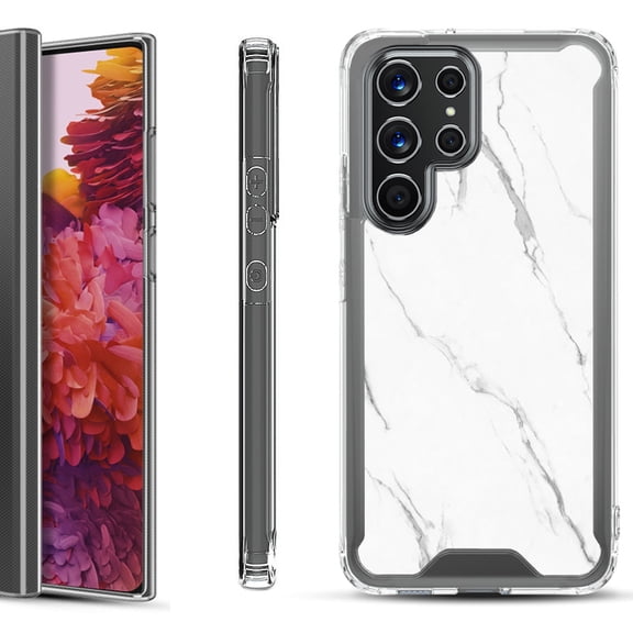 Shockproof Bumper Phone Case for Samsung Galaxy S22 Ultra 5G, by OneToughShield ® - Marble / White